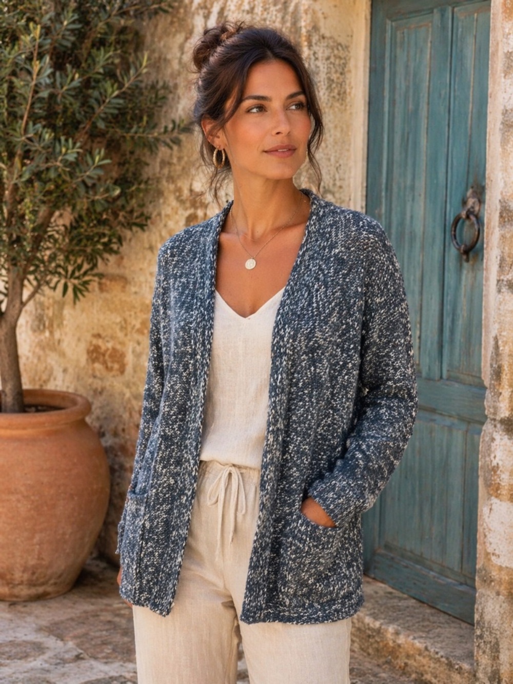 J. Jill Women’s Blue & White Marled Open Front Cardigan Sweater M